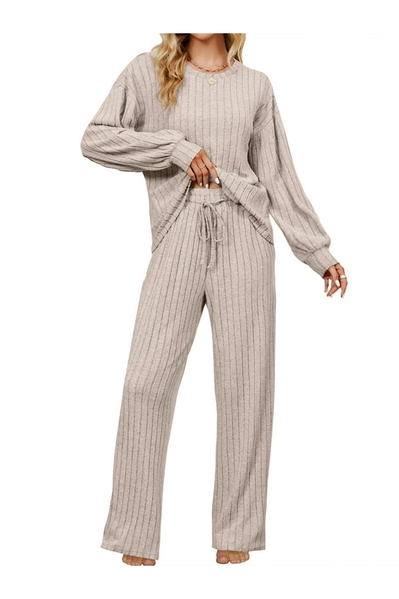 Pajama Sets for Women Long Sleeve Lounge Set Ribbed Knit Sleepwear 2 Piece Pjs Soft Loungewear with Pockets