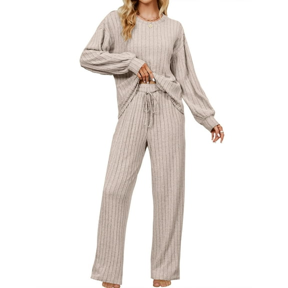 UVN Pajama Sets for Women Long Sleeve Lounge Set Ribbed Knit Sleepwear 2 Piece Pjs Soft Loungewear with Pockets