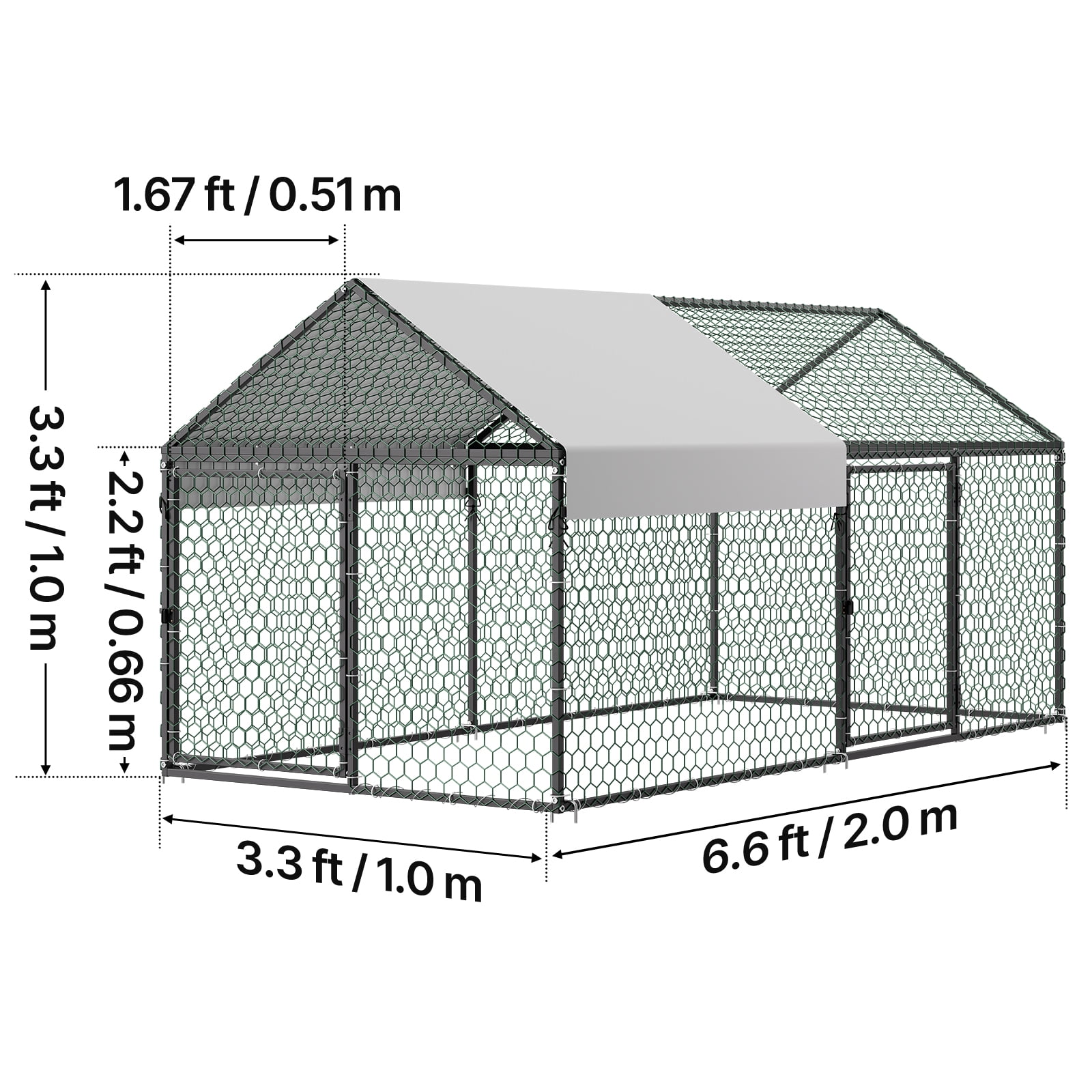 Metal Chicken Coop for 4-6 Chickens, 3.3 x 6.6 x 3.3ft, Small Chicken Cage with Waterproof Cover & Double Doors, Spire Roof Poultry Run Compatible with Wooden Coops, for Rabbit Hen Goose Duck