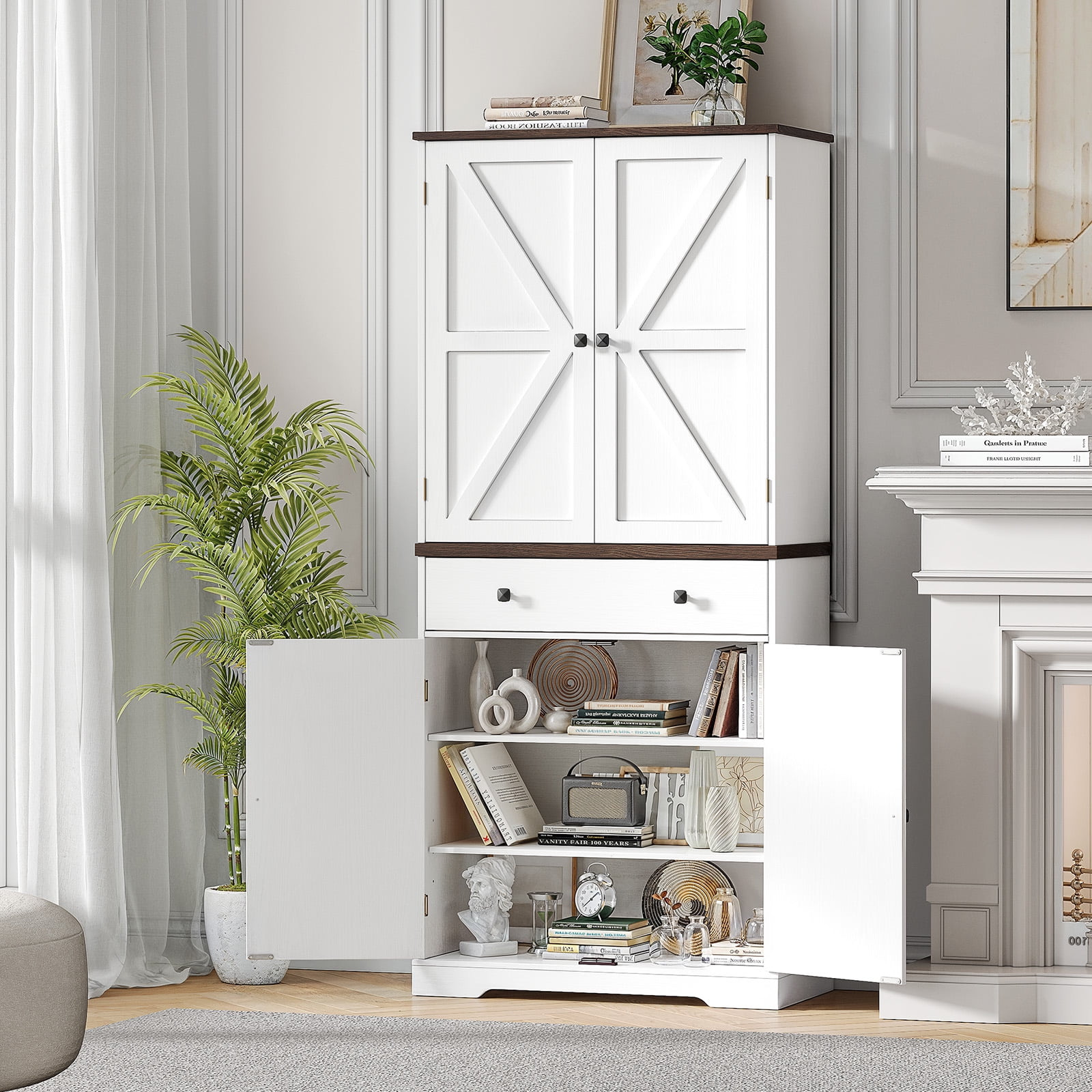 71" Farmhouse Pantry Storage Cabinet with 6 Door Shelves & Drawer, 2 Adjustable Shelves & 4 Barn Doors, Freestanding Cupboard,Off White