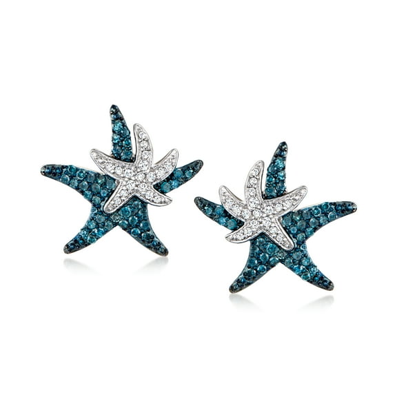 Ross-Simons 0.50 ct. t.w. Blue and White Diamond Starfish Earrings in Sterling Silver, Women's, Adult