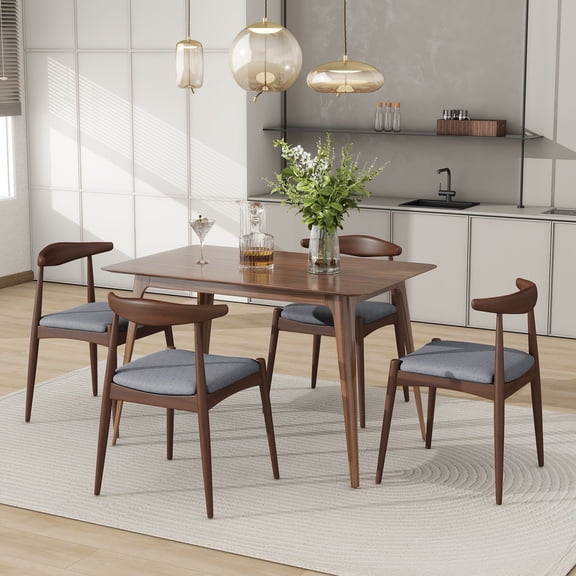 taoruifang 5 Piece Mid-Century Modern Rubberwood Dining Table Set with 4 Chairs, Walnut/Light Gray