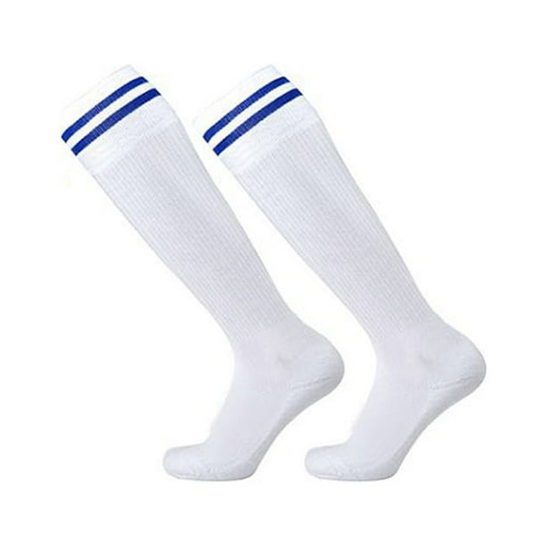 Soidarity Calcetines deportivos transpirables para mujeres y hombres para fútbol calcetines de fútbol de tubo largo evitar lesiones directas Uniforme atlético rayas azules blancas