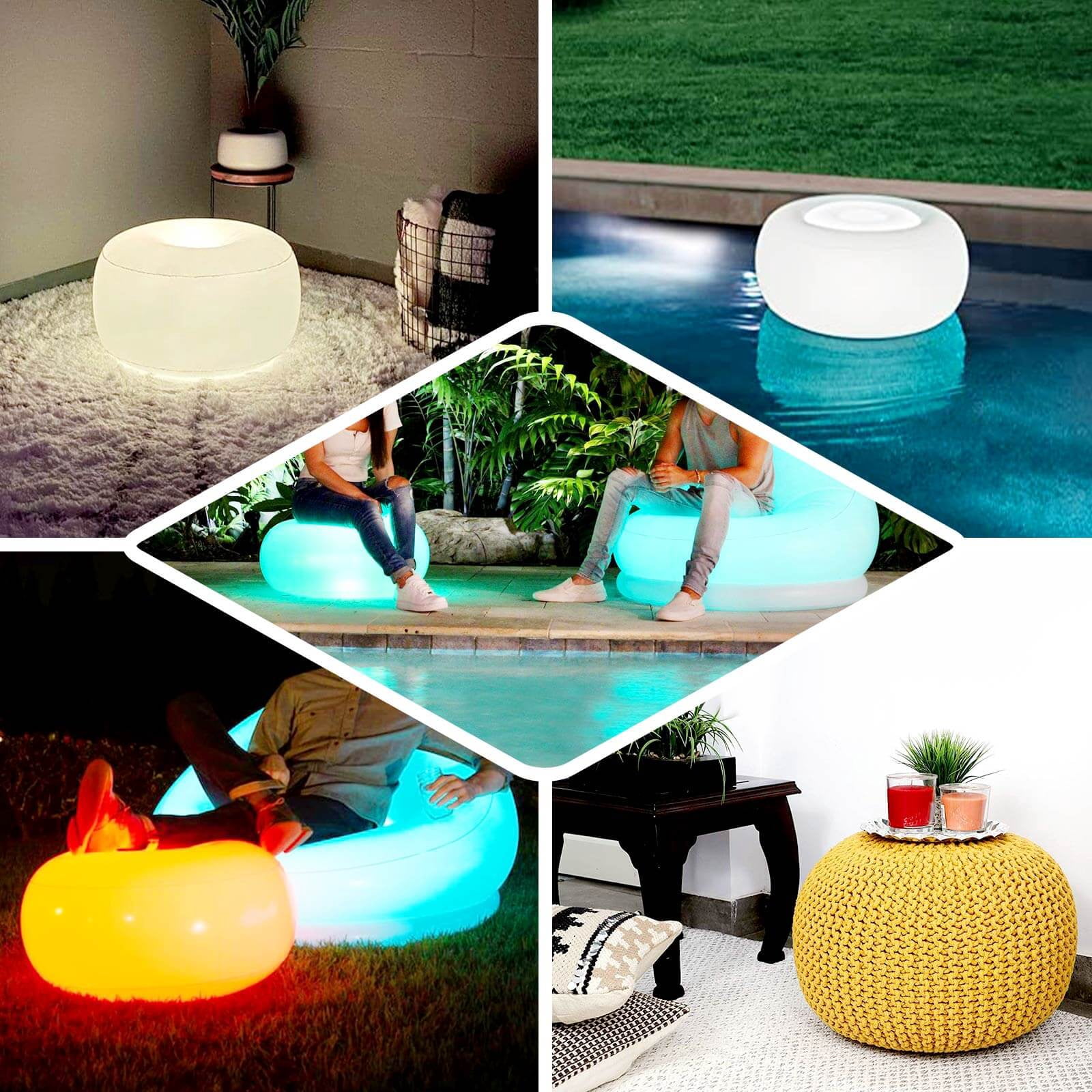 Efavormart 22" LED Light Up Inflatable Waterproof Ottoman Furniture, Illuminated Battery Operated With Remote Control