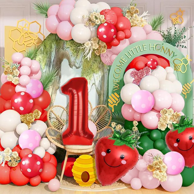 Kit d'Arche Guirlande de Ballons de Décoration de Fête aux Fraises, 143 Pcs Ballons Assortis Rouges et Roses Ballons en Feuille aux Fraises pour Fournitures de Fête d'Anniversaire Premier Thème Garçon Fille Baie et Décoration de Shower de Bébé