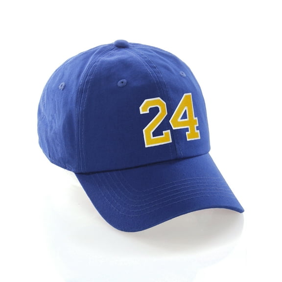 Customized Number Hat 00 to 99 Team Colors Baseball Cap, Blue Hat White Gold Number 24