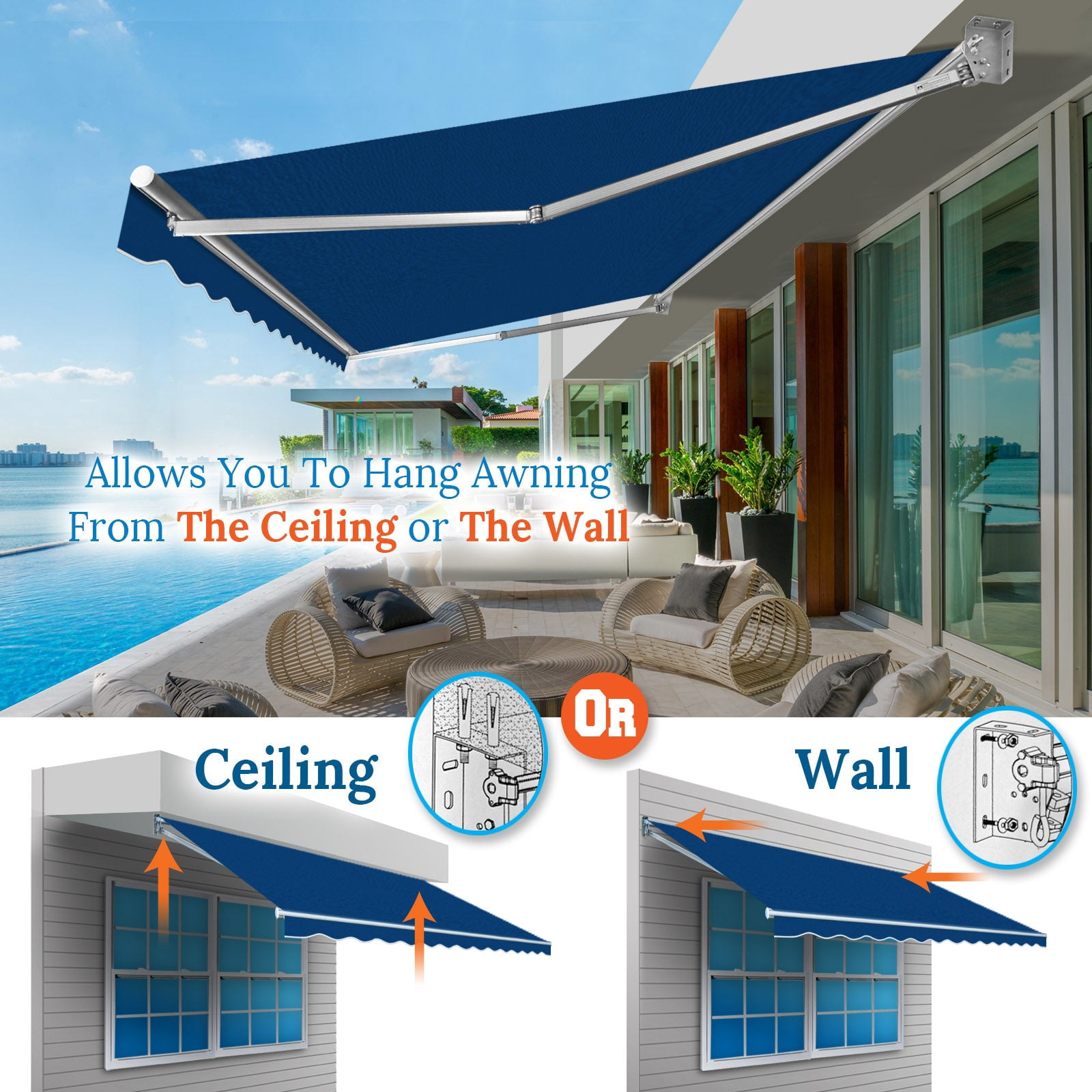 SUNNYOUTDOOR 10x8 FT Patio Awning Retractable Outdoor Sun Shade Manual Patio Deck Awning Heavy Duty Awning (Blue)