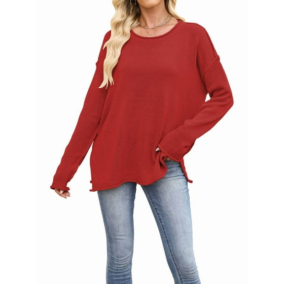 Oversized Sweaters for Women Casual Long Sleeve Crewneck Knit Cozy Pullover Sweater Jumper Top Red XL