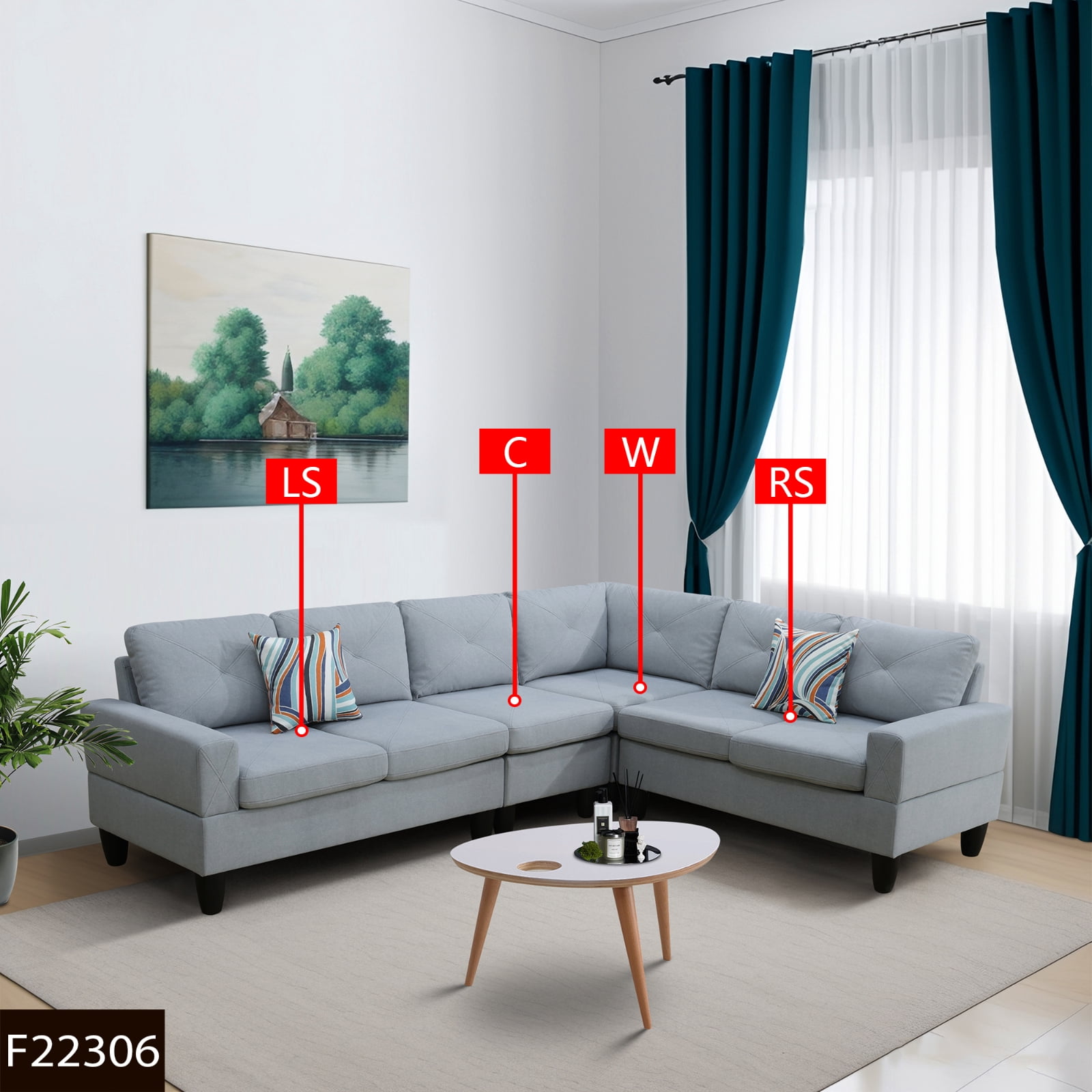 4-Piece Couch Living Room Sofa Set, 6 Seater Modular Sectional Couch L Shaped Corner Sofa, Grey