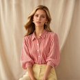 thumbnail image 4 of Women Striped Lapel Blouse, Loose‑Fit 3/4 Puff‑Sleeve Elegant Commuter Tops, 4 of 6