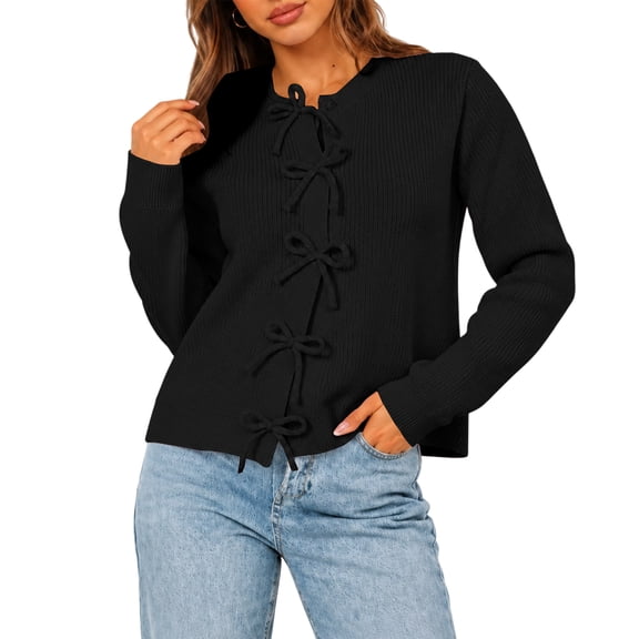 Women's Bow Tie Front Sweater Long Sleeve Crew Neck Knit Pullover Cardigan, L