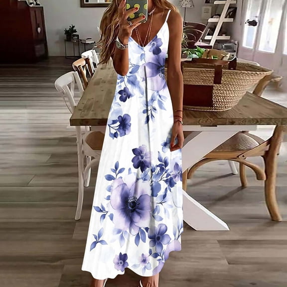 Elvqul Womens Pullover Long Dress Summer Dresses Beach Bodycon Floral V Neck Sleeveless Dresses for Women, Sizes S-5X
