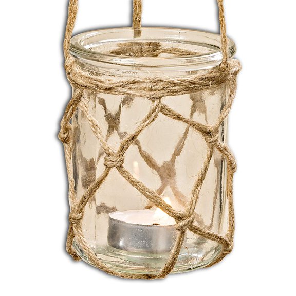 Mariners Ahoy Netted Hurricane Candle Lantern, For Led Wax Votive Pillar Candles, Wind Light, Clear Glass, Jute Rope Handle Hangers, 3 D x 4 1/2 T Inches