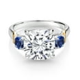 thumbnail image 2 of Gem Stone King 925 Silver and 10K Yellow Gold White Moissanite and Blue Created Sapphire 3 Stone Ring for Women (5.50 Cttw, Gemstone Birthstone, Cushion 10MM, Round 4MM, Size 6), 2 of 3