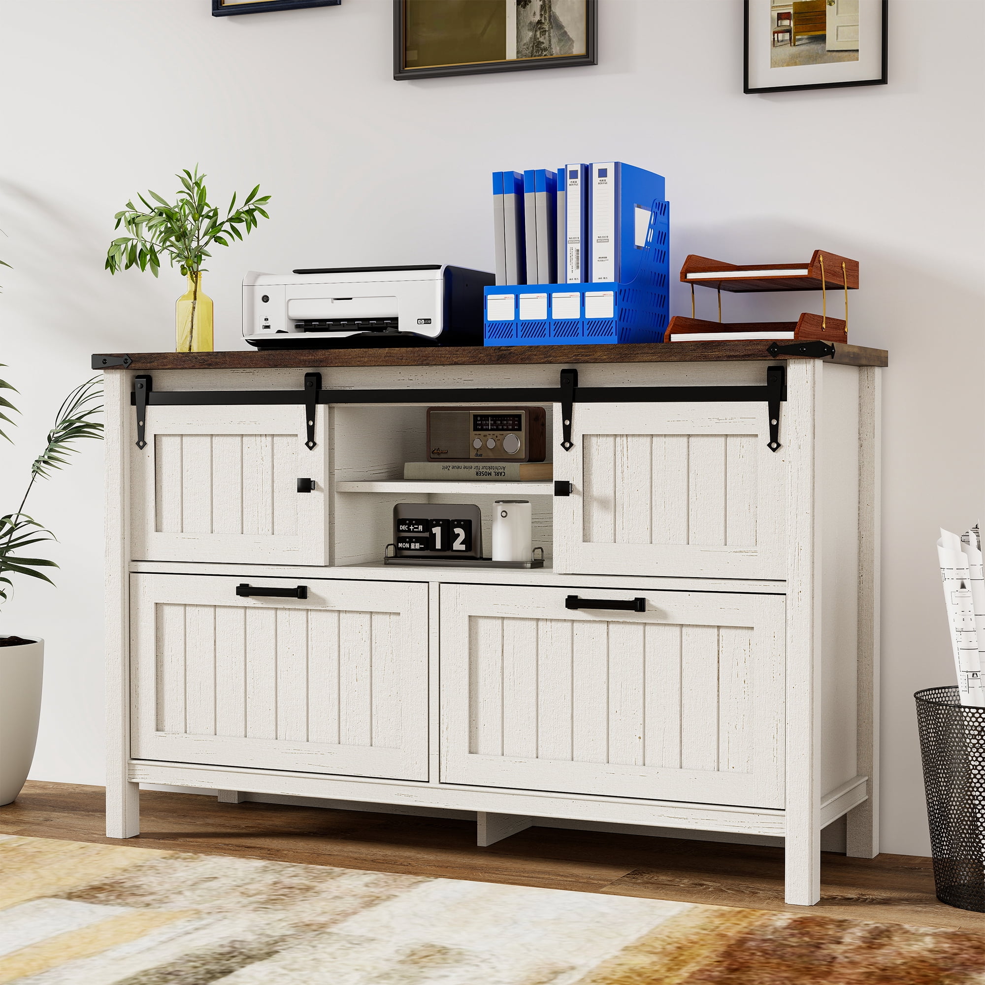 FIAKOA 3 PC Home Office Desk Set, Executive Office Desk Set with File Cabinet & Bookshelf, White