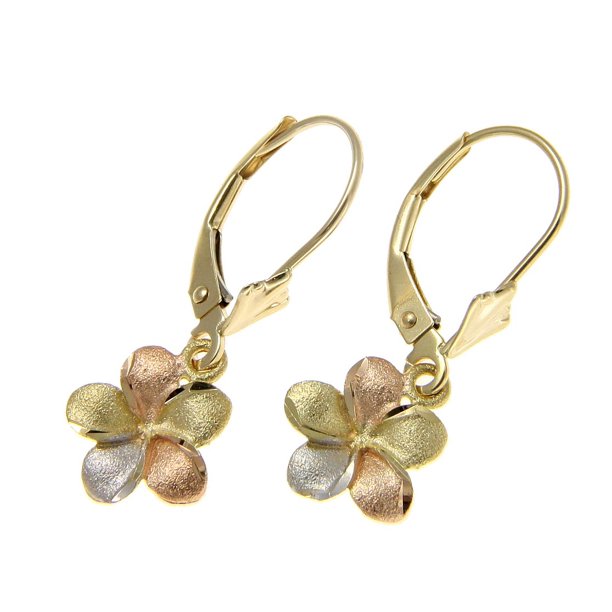 14K tricolor solid gold Hawaiian 9mm plumeria flower dangle leverback earrings