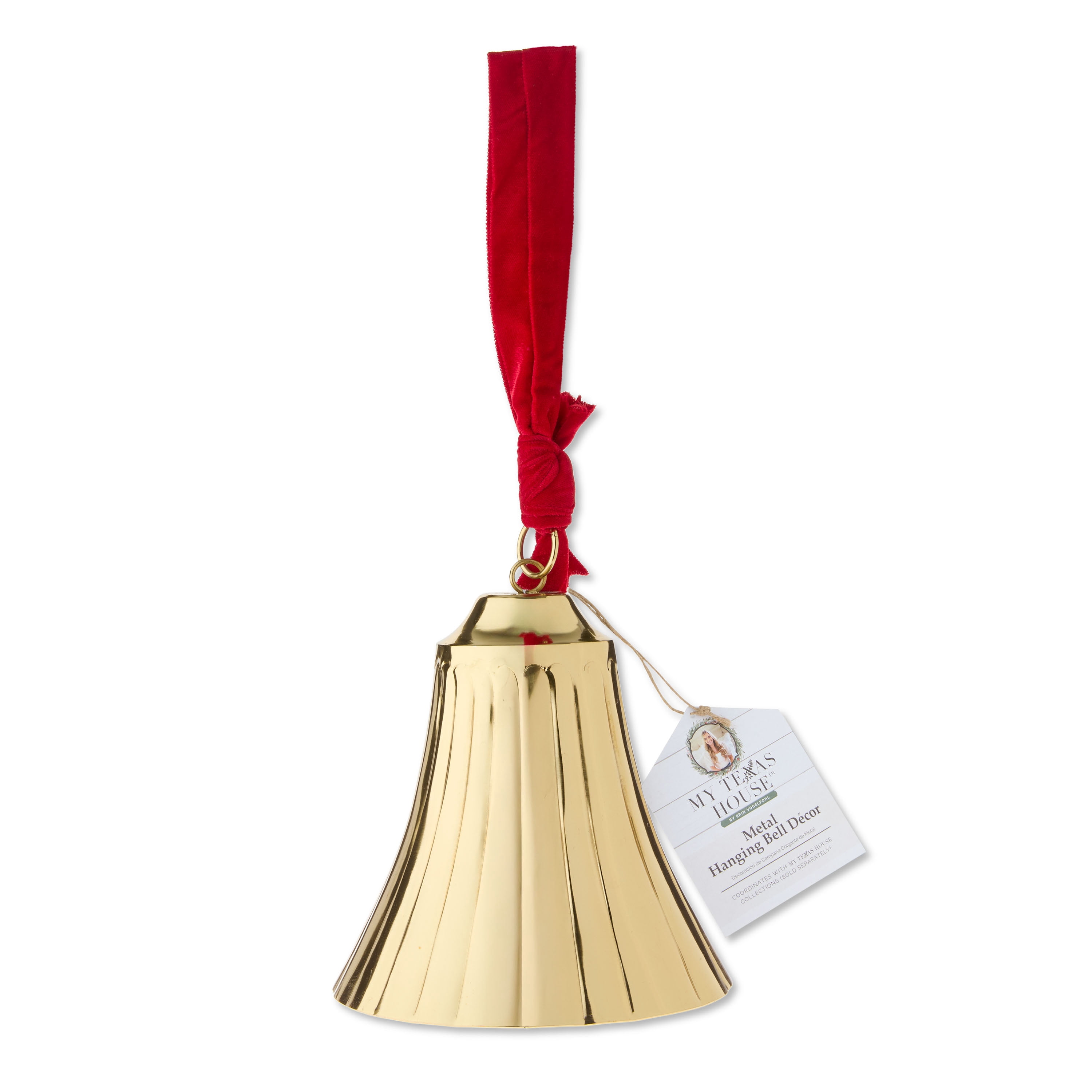 Metal Hanging Bell with Velvet Ribbon Christmas Decoration, Gold, 8.12", by My Texas House
