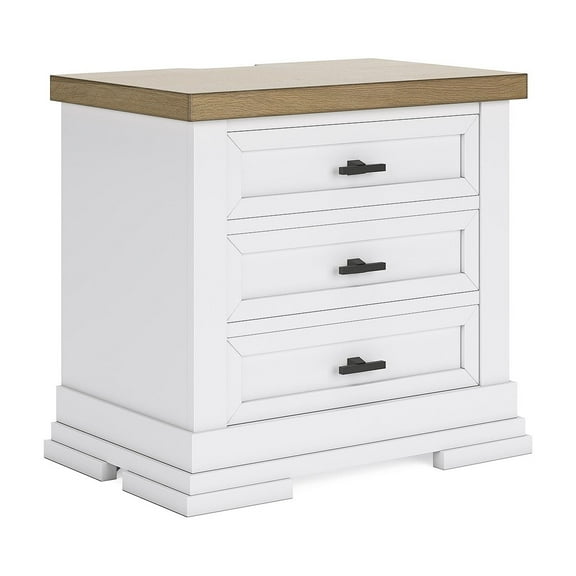 Signature Design by Ashley Ashbryn Three Drawer Farmhouse Style Nightstand – White & Natural Brown, USB Charging, Spacious Storage, Dovetail Drawers