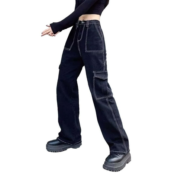 JJHGVB Jeans for Women Baggy Jeans Women's Autumn/Winter Loose Wide Leg Jeans Women's Solid Color Casual Denim Pants Barrel Jeans Women High Waisted Jeans Black L