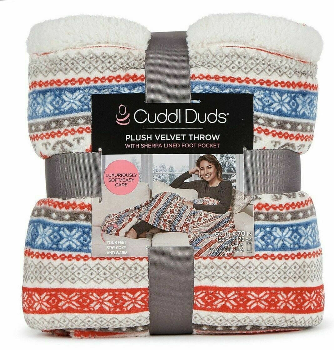 Cuddl Duds Plush Velvet Foot Pocket Throw 60 x 70 in Red Fairisle