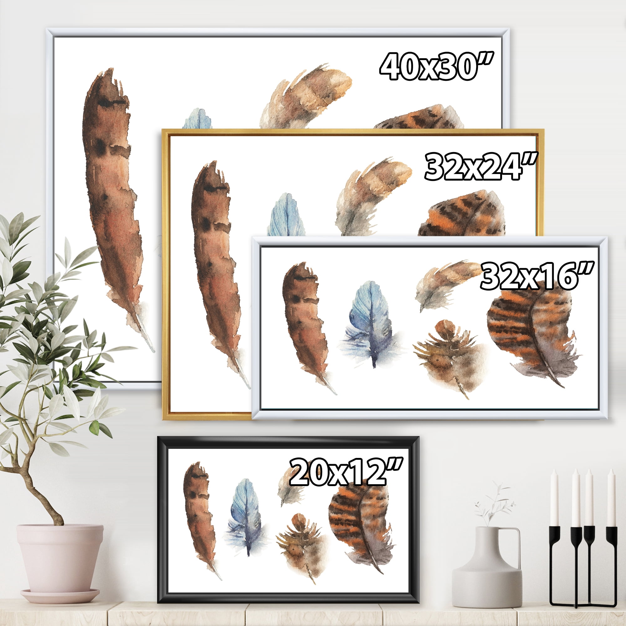 Designart 'Ethnic Boho Feathers In Earth Tones On White' Bohemian & Eclectic Framed Canvas Wall Art Print