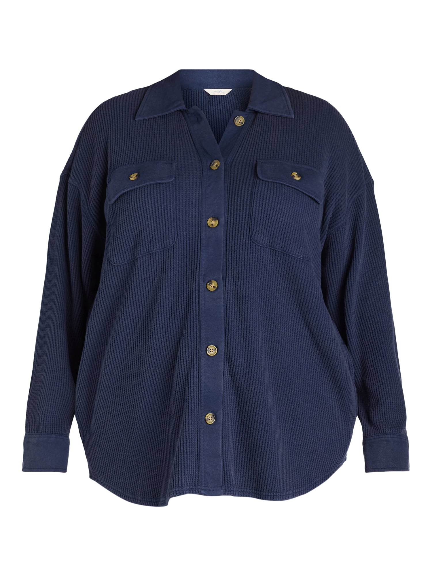 Terra & Sky Women's Plus Size Button Down Waffle Knit Shacket, 0X-4X
