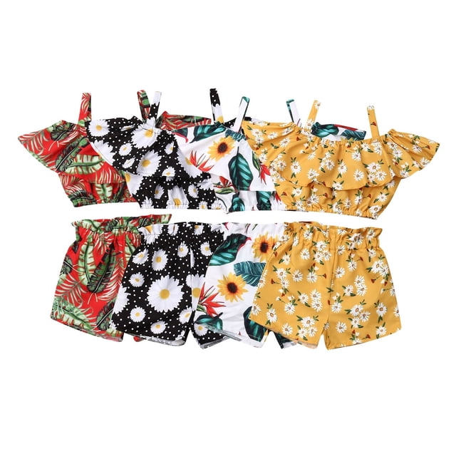 Newest Fashion Summer Toddler Baby Girl Clothes Off Shoulder Ruffle Sling Crop Tops Short Pants 2Pcs Outfits Clothes