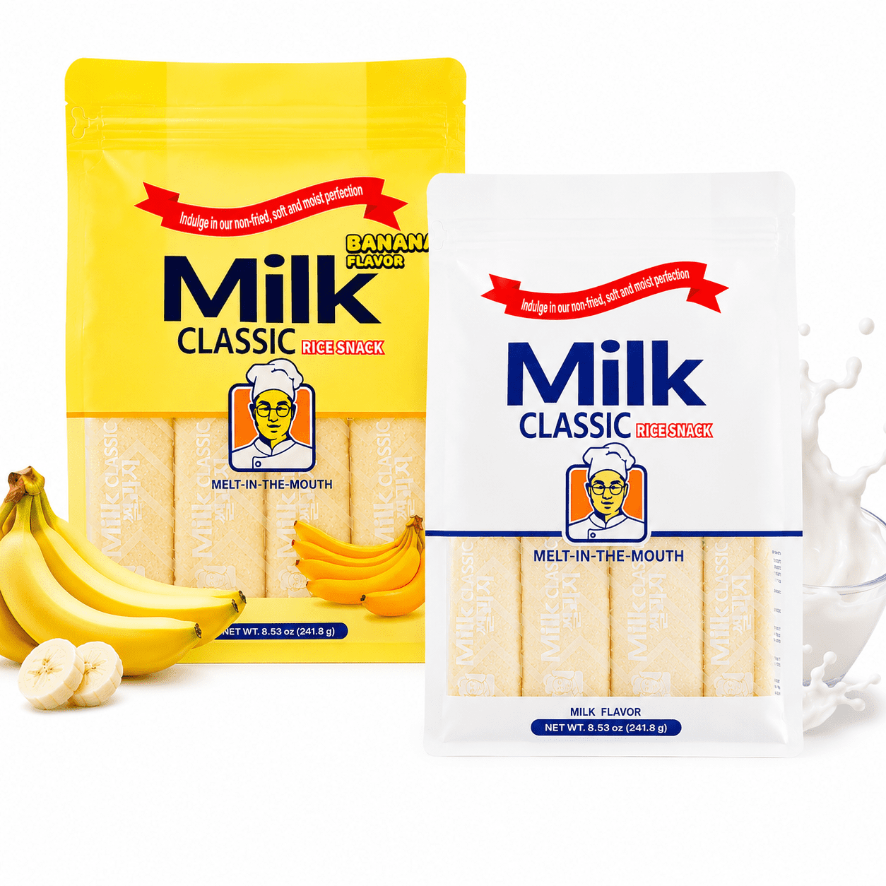 Milk Classic Korean Rice Snack Variety Pack, Banana & Milk Flavor, Non-Fried Individually Wrapped Crispy Puff Snacks, 8.53 oz Each, 2 Pack