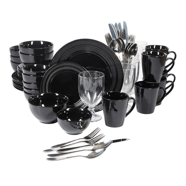 Vajilla Gibson Home con Copas y Cuberteria 66 Piezas en color negro, incluye 6 platos para cena (26.7 cm), 6 platos para postre (20.3 cm), 6 tazones grandes (13.9 cm), 6 tazones pequeños (11.4 cm), 6 tarros de 355 ml, 6 copas de vidrio y cubiertos de acero inoxidable para 6 comensales, ideal para cenas formales y familiares, también adecuada para eventos especiales.