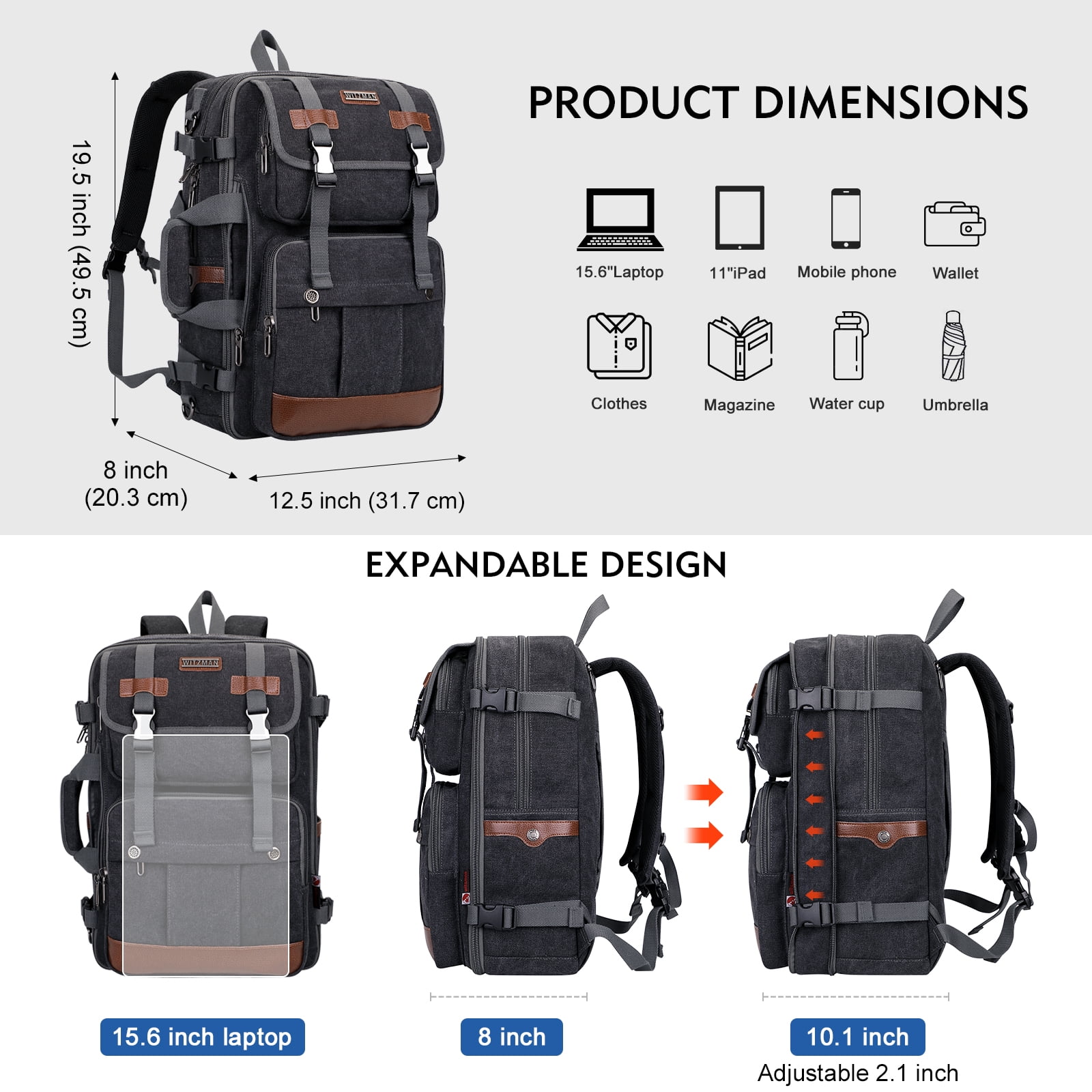 WITZMAN Canvas Travel Backpack for Men Women Expandable Large Carry on Duffel Bag Backpack for Airplane Fit 17 inch Laptop (A6617-3 Black)