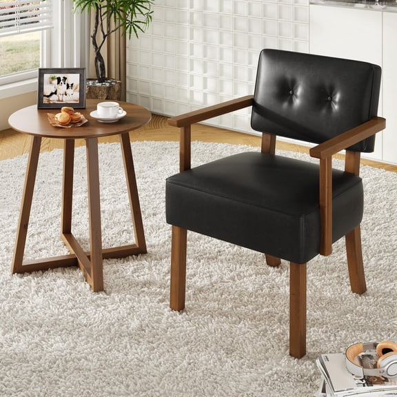 Mid-Century Modern Faux Leather Armchair With Black Button Tufting