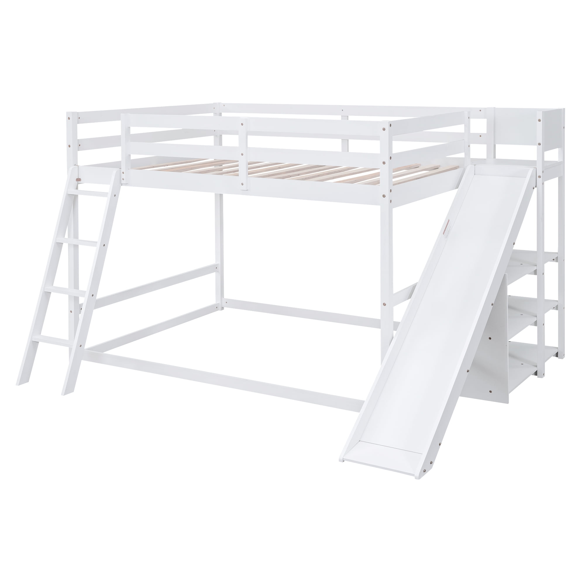Euroco Wood Full over Full Bunk Bed with Slide and Ladder, 3-Tier Shelf for Kids Teens Bedroom, White
