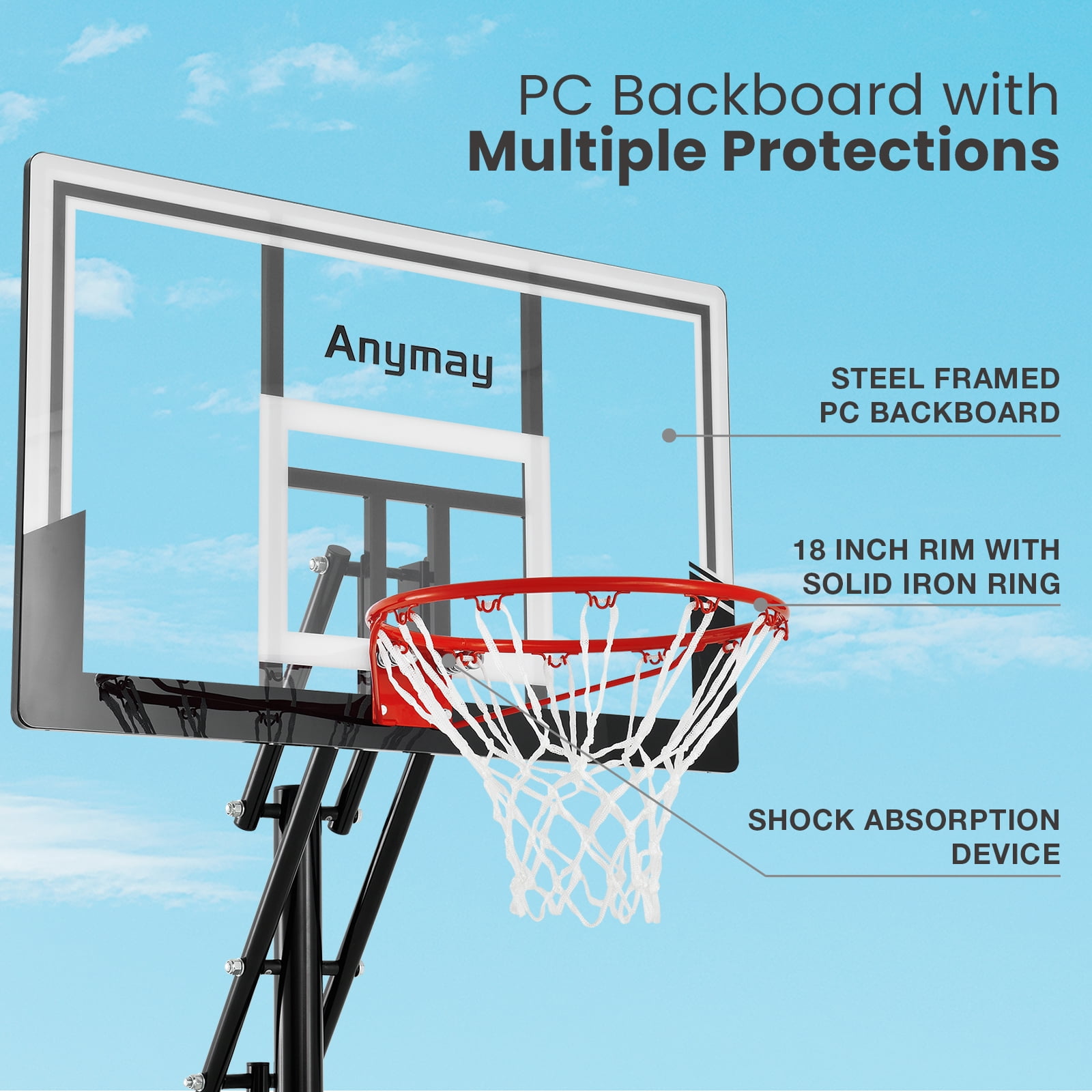 Anymay Portable Basketball Hoop Outdoor with 44in Polycarbonate Backboard,5.3-10FT Height Adjustable Basketball Hoop Goal System,Black