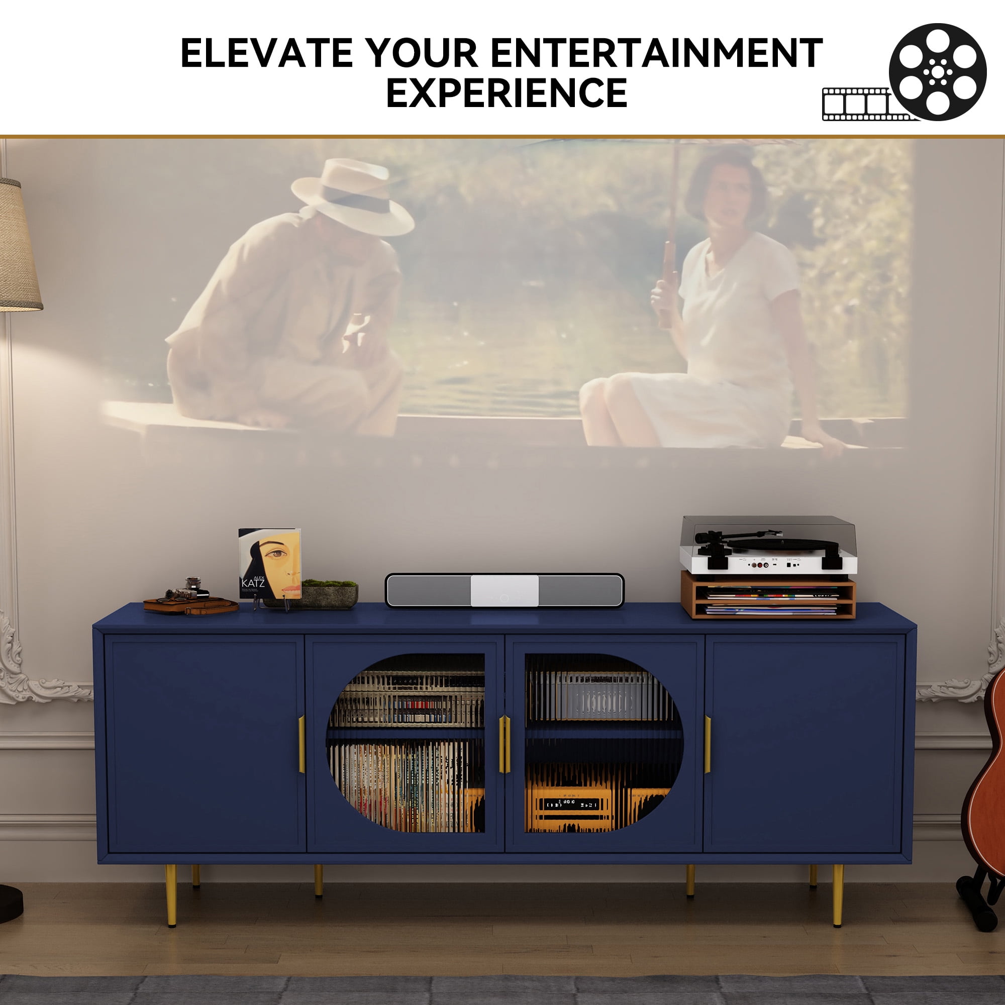 HLR Modern 66" TV Stand, for TVs up to 75", Living Room Entertainment Center with Glass Storage Cabinet, Blue