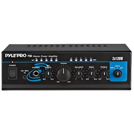 Pyle PTA4 Mini Stereo Power Amplifier - 2 x 120 Watt with AUX, CD & Mic Inputs