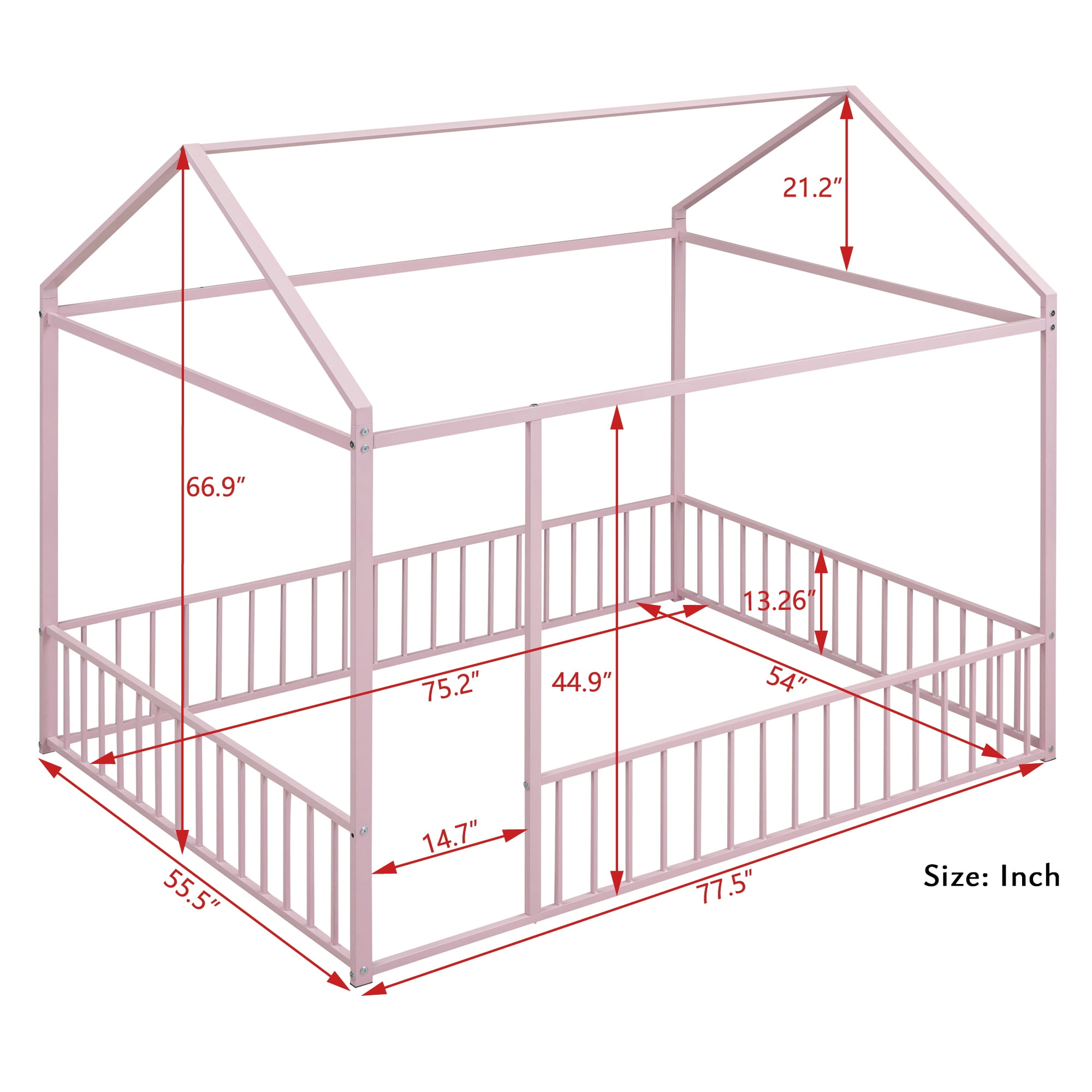 Full Size Metal House Bed Frame with Rails, Montessori Floor Bed  without Slats (Pink)