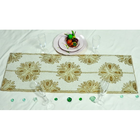 White And Gold Bead Table Runner, Handmade Floral Table Runner, Designer Center Table Runner 13X36 Inches