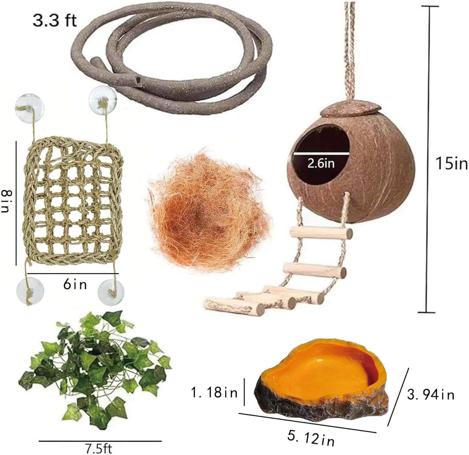 Leopard Gecko Tank Accessories. Reptile Hammock Vines Plants with Coconut Shell Ladder Hideout Decor for Bearded Dragon Lizard Chameleon Crested Gecko Tortoise Snake
