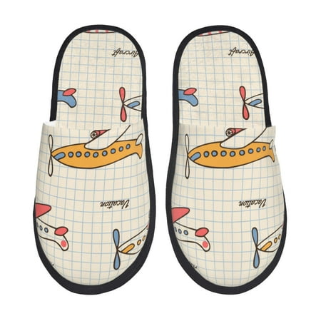 Balery Striped Vintage Planes Slient Indoor Furry Fleece Comfort House Shoes Soft Non-Slip Home Shoes Cotton slippers House Slippers-- Large