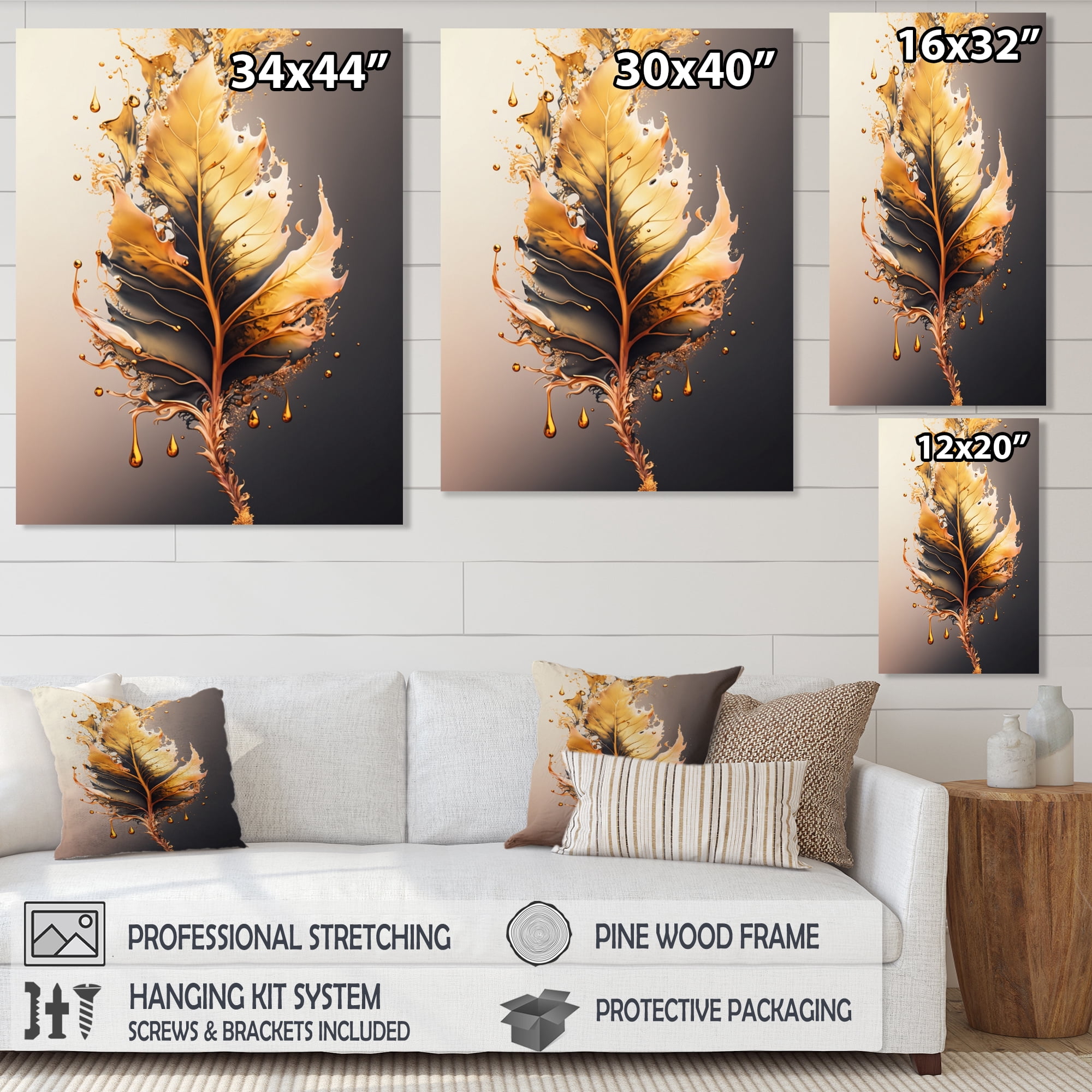 Designart Gold Abstract Leaves II Canvas Wall Art