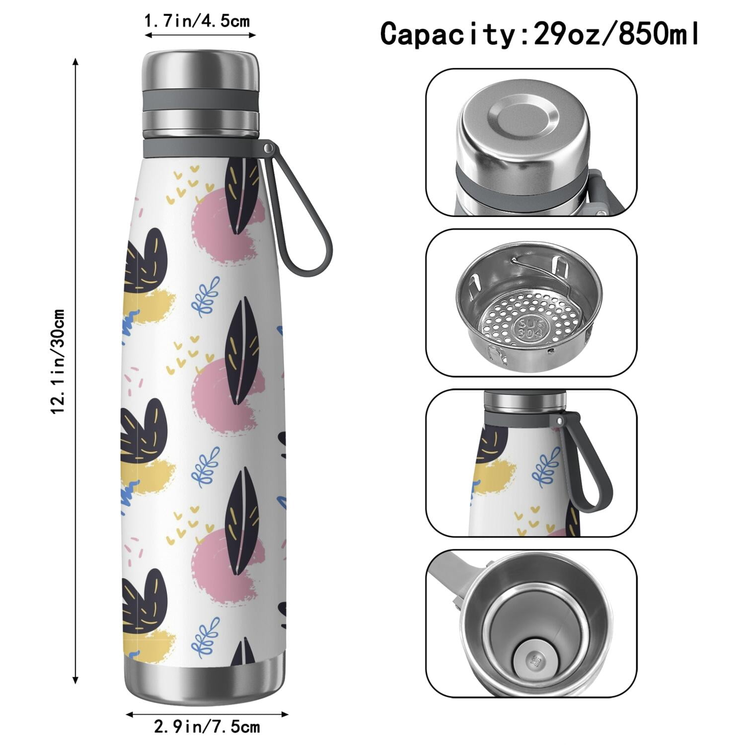 Modern 29oz Stainless Steel Insulated Thermos with Tea Filter, 360° Printed Travel Bottle, Leakproof BPA-Free Flask with Anti-Slip Base, 304 Inner & 201 Outer, Vacuum Cup