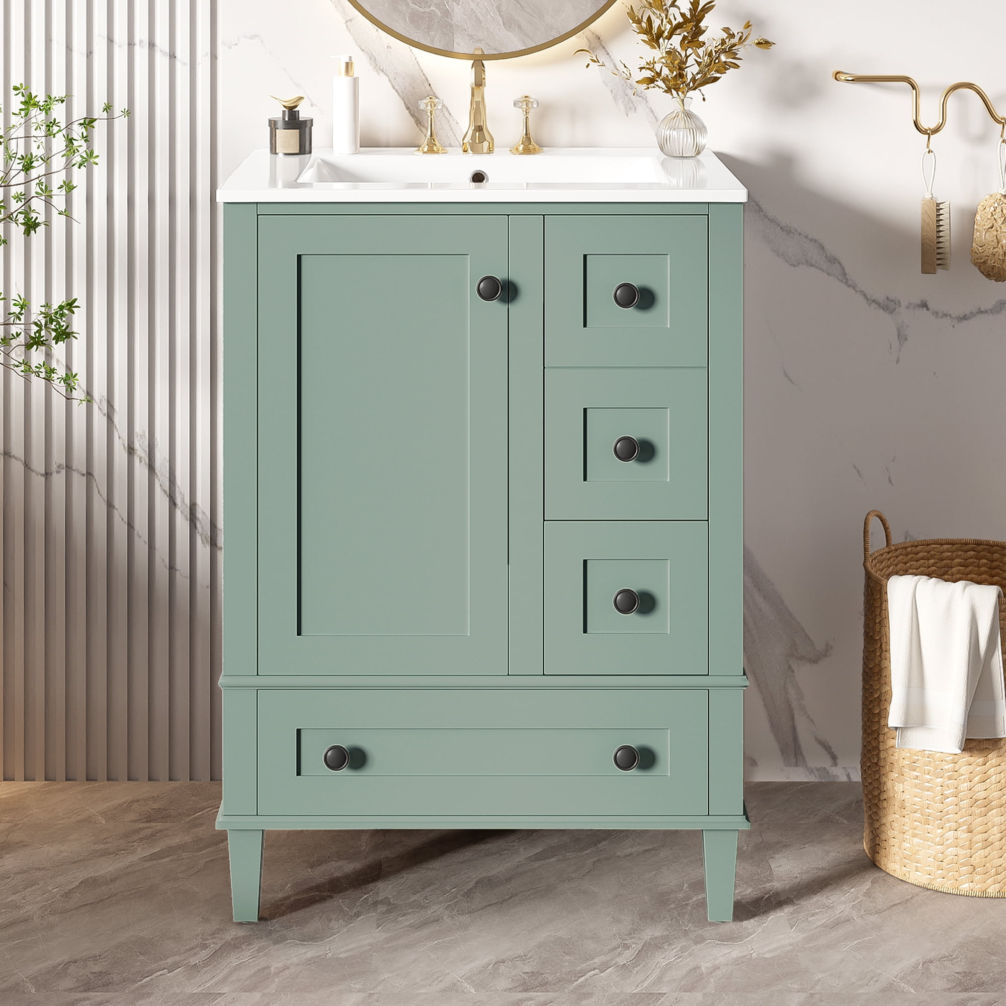 Euroco 24-inch light green bathroom vanity with an integrated ceramic basin, featuring a door-mounted double-layer shelf, soft-close drawers, and a soft-close cabinet door