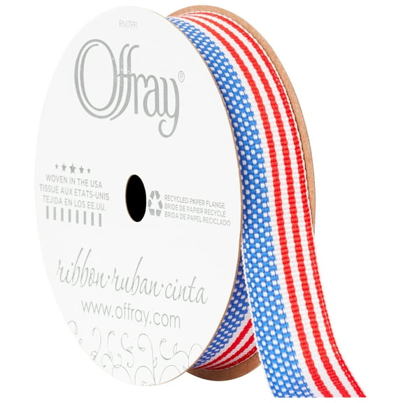 Offray Ribbon, Red White Blue 5/8 inch American Flag Grosgrain Ribbon, 9 feet