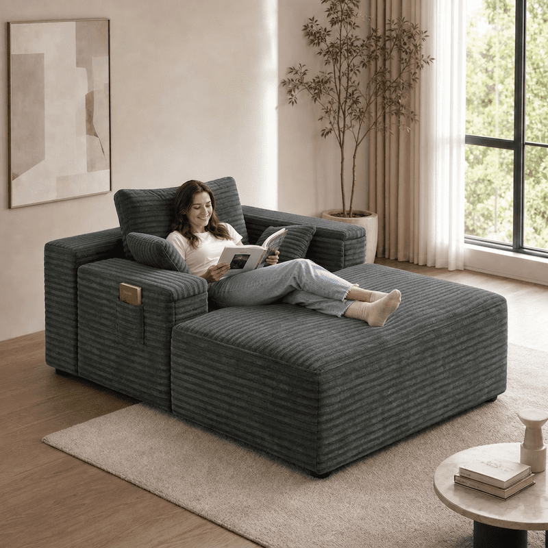 47" Oversized Cloud Sofa Chair, Plush Corduroy Single Sleeper Lounge Chair, No Assembly Required, Ultra Soft Deep Seat Cloud Couch for Living Room, Apartment, Bedroom, Gray