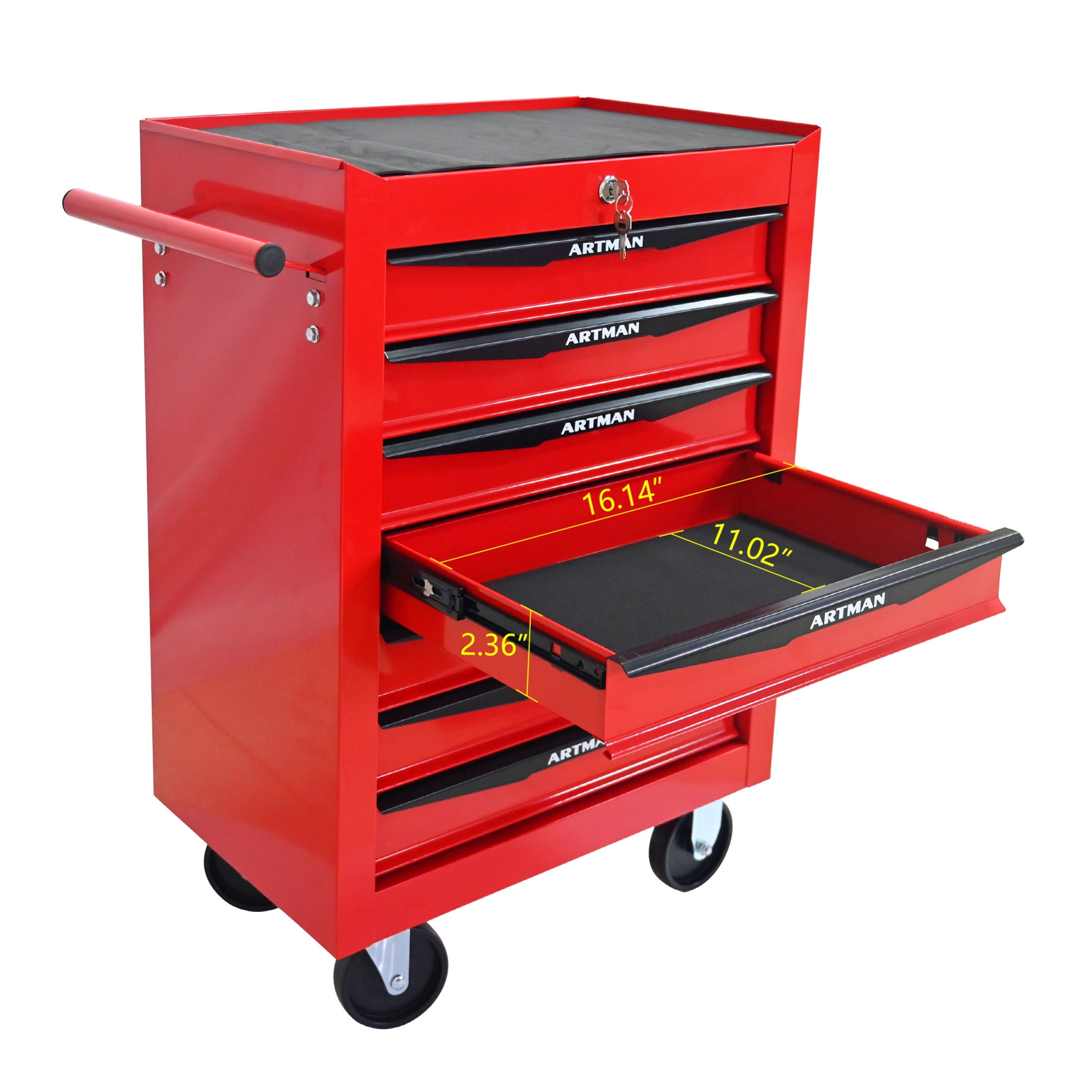 Noble House 7-Drawer Mobile Steel Tool Organizer with Key Lock, Ball Bearing Slide Storage Cabinet Box, Red