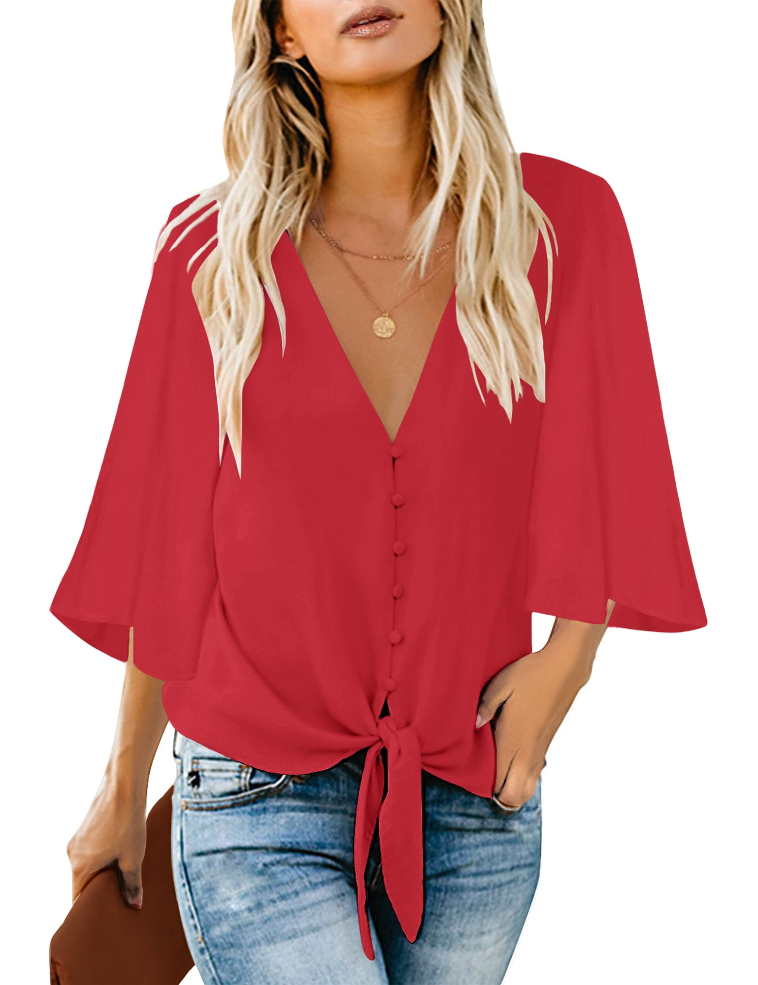 luvamia Women's Casual Sexy Tops Tie Front Blouses V Neck Summer Shirts ...