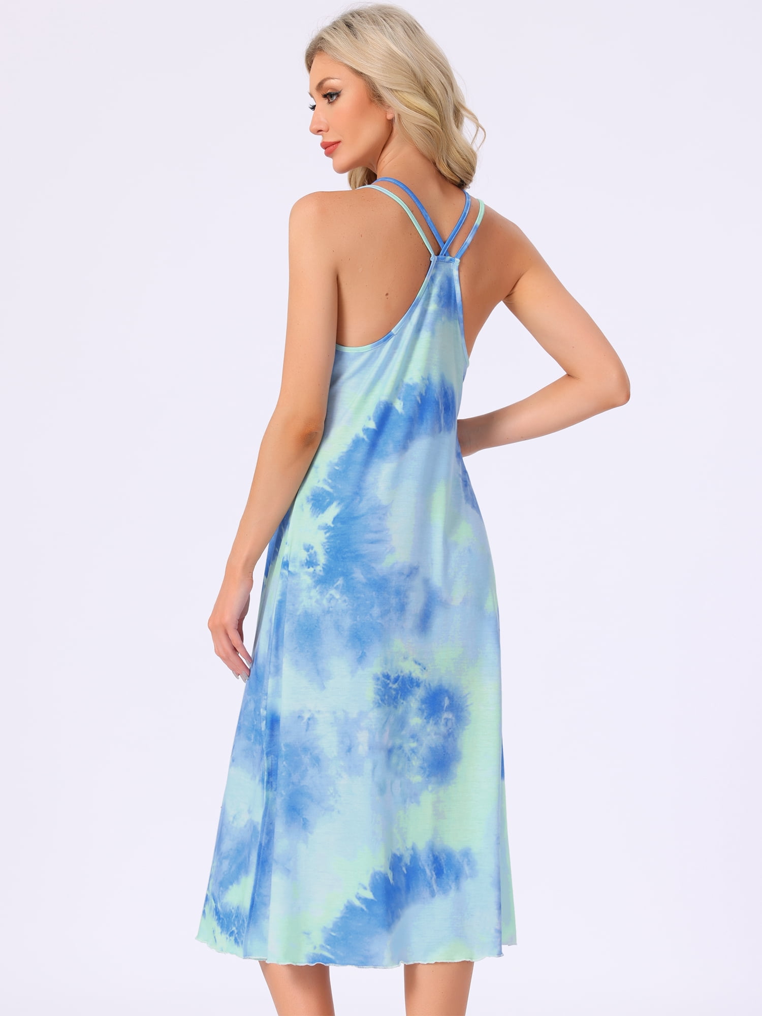 DARING DIVA Women's Lingerie Nighties Midi Racer Back Pajama Dress L Tie Dye Blue