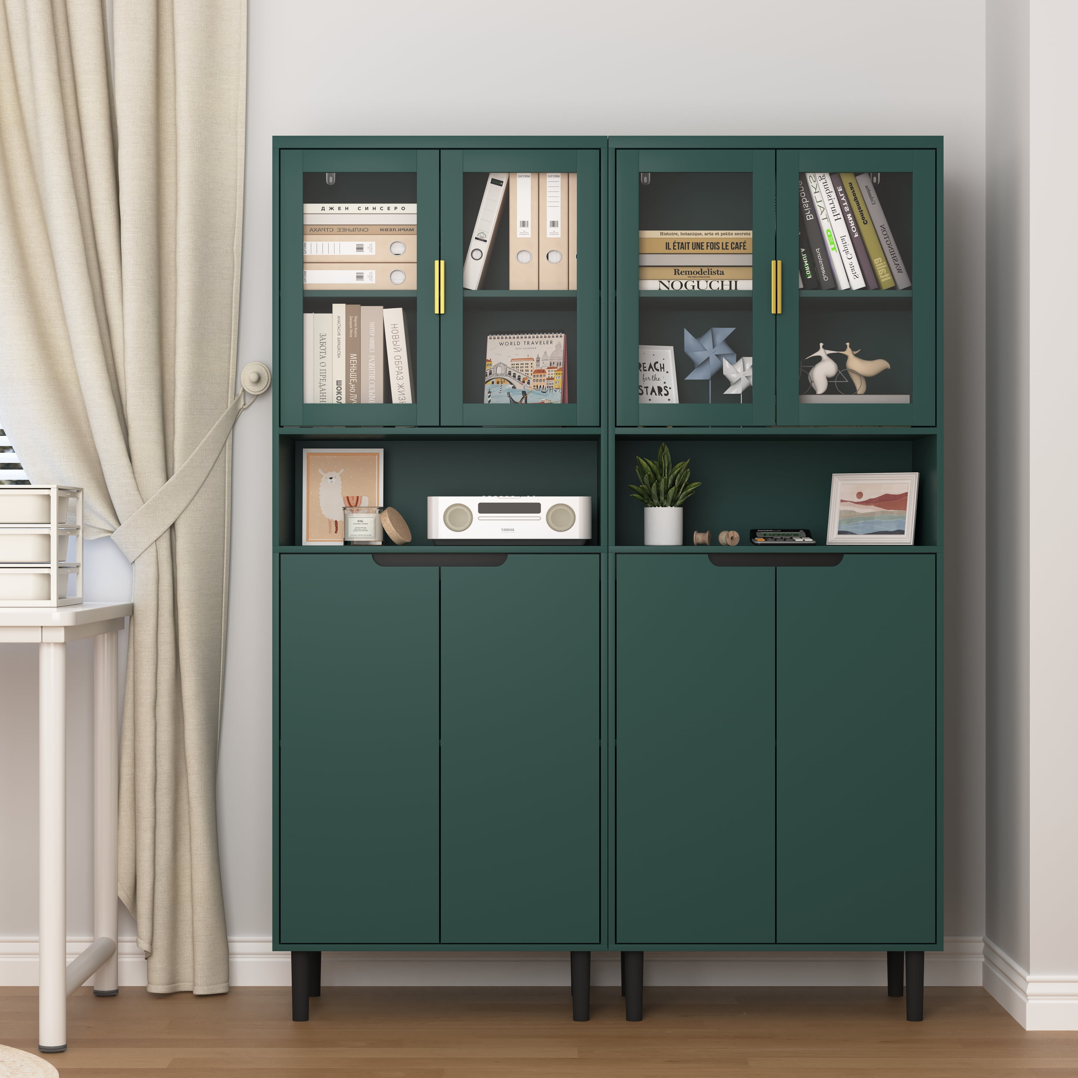 MAYEERTY White Tempered Glass Door Tall Storage Bookcase, 4-Door MDF Cabinet with Adjustable Shelves, Green