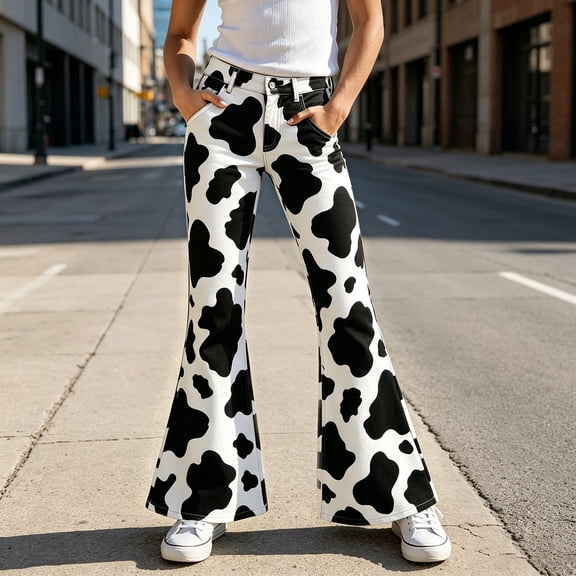 Girls Flared Pants Cute Cow Print Bell Bottoms Pants (White)