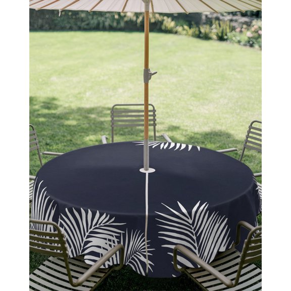 Outdoor Tablecloth with Umbrella Hole, Tropical Palm Leaf on Navy Blue Zippered Table Cloth for Square Tables, Rustic Botanical Washable Waterproof Tablecloths for Picnic Patio Garden